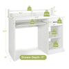 Study laptop table in white with pull-out keyboard tray, adjustable shelf, and deep drawer for versatile storage.
