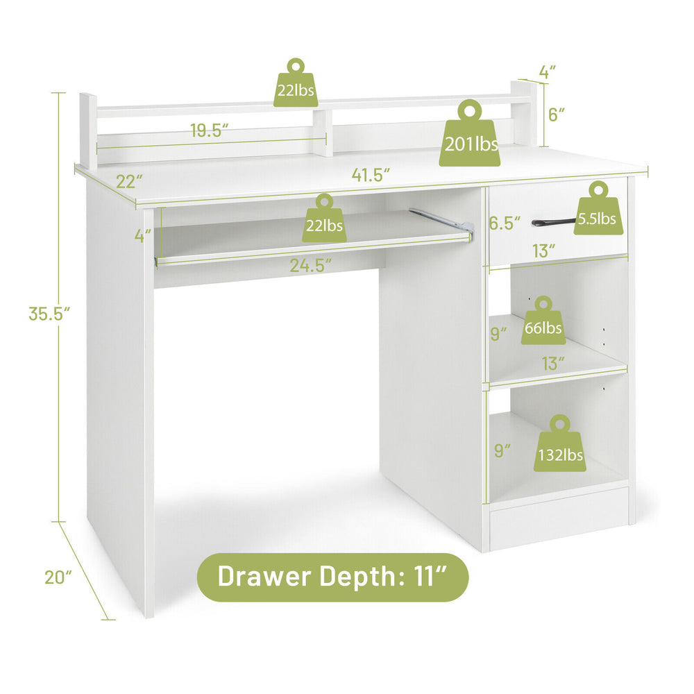 Study laptop table in white with pull-out keyboard tray, adjustable shelf, and deep drawer for versatile storage.