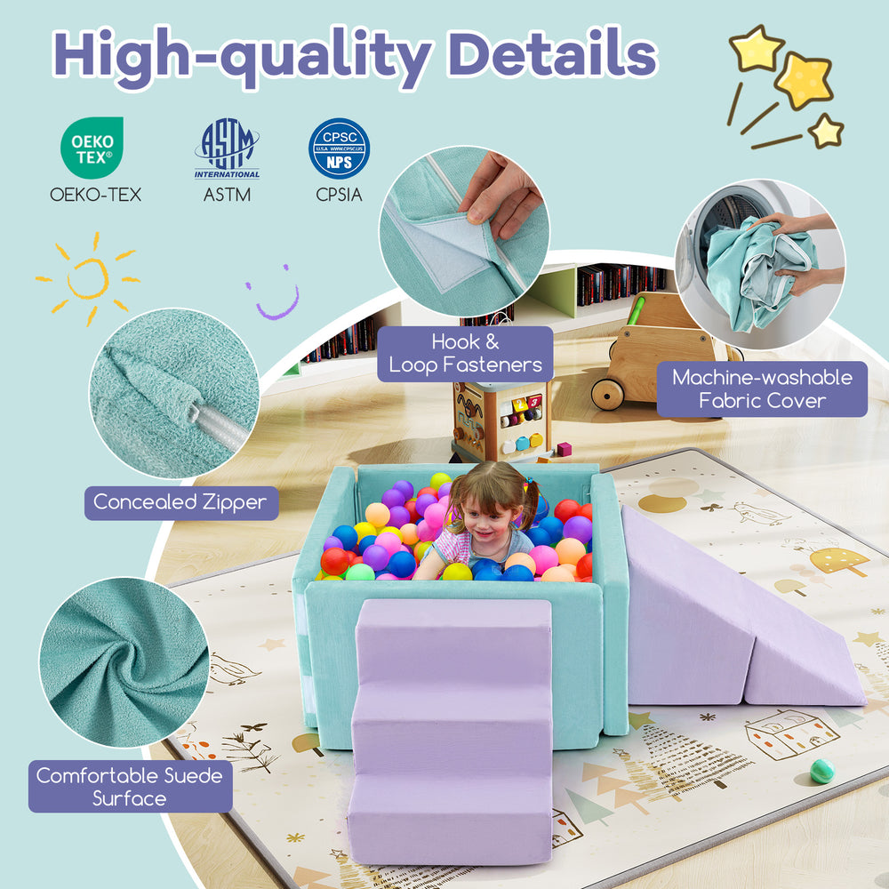 3-in-1 soft play set featuring purple suede fabric, includes ball pit, ramp, and staircase for toddlers' imaginative.
