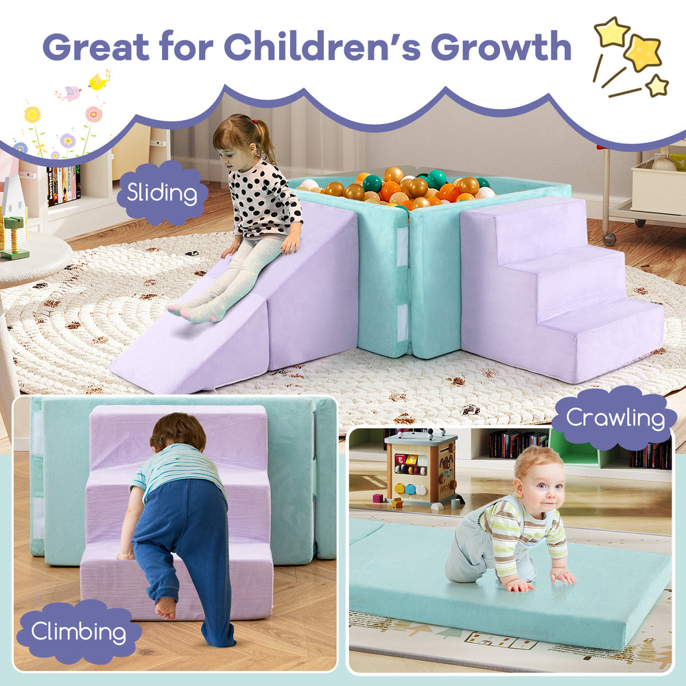 Soft play set featuring purple foam climbing blocks, ramp, and ball pit for toddlers' imaginative play and motor skill.