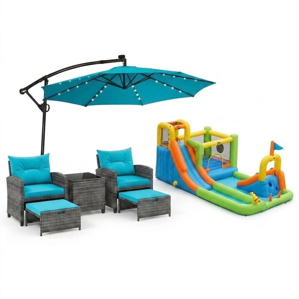 5-piece rattan furniture set with blue cushions, 10ft LED umbrella, and 8-in-1 water slide for backyard fun.