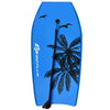 Bright blue bodyboard with palm tree design, featuring an EPS core and leash for enhanced safety during surfing.