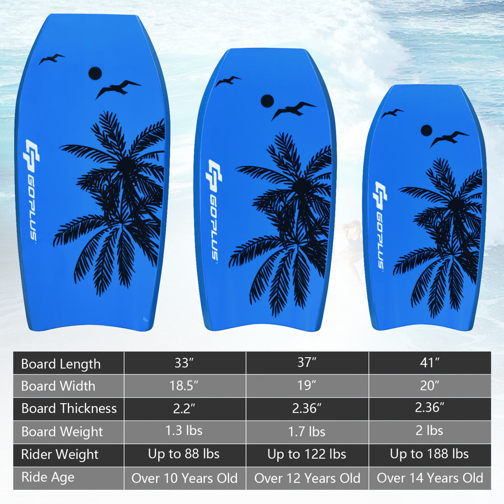 Super lightweight bodyboard with palm tree design, 33", 37", and 41" sizes, ideal for water sports and outdoor surfing.