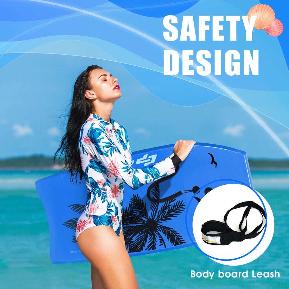 Super lightweight bodyboard with leash, featuring durable EPS core and waterproof XPE deck for safe surfing.