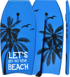 Bright blue bodyboard with palm tree design, featuring durable EPS core and leash for safe surfing adventures.