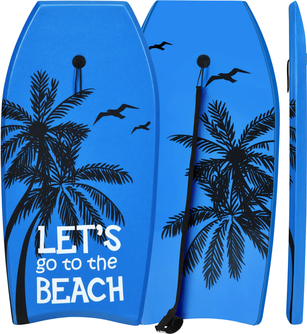 Bright blue bodyboard with palm tree design, featuring durable EPS core and leash for safe surfing adventures.