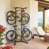Adjustable bike storage rack holding four bikes, featuring heavy-duty carbon steel construction for garage organization.