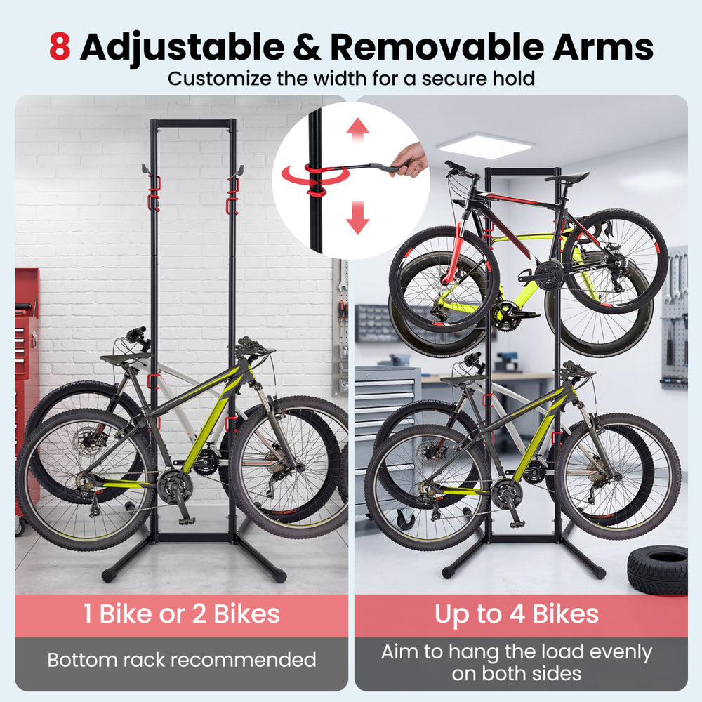Adjustable bike storage rack with vertical stand, featuring 8 removable arms for up to 4 bikes, ideal for garage.