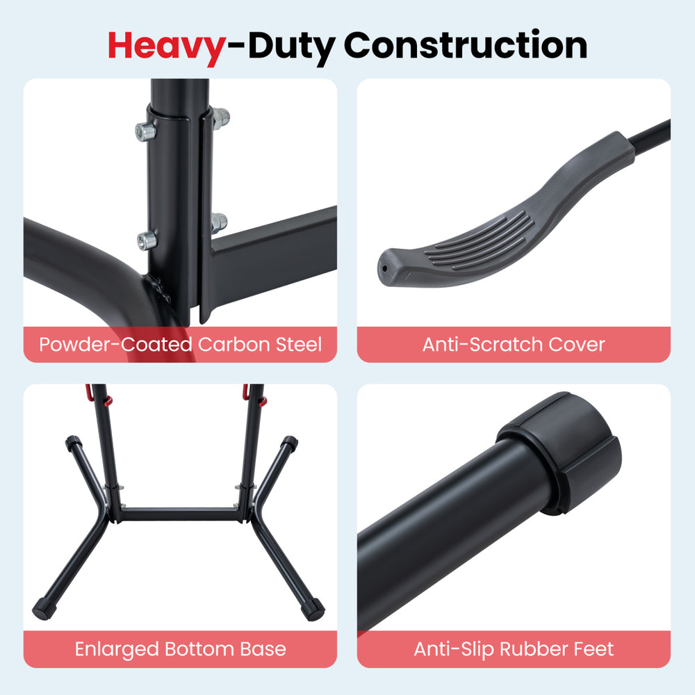 Heavy-duty adjustable bike storage rack features powder-coated carbon steel, anti-scratch cover, and anti-slip rubber.