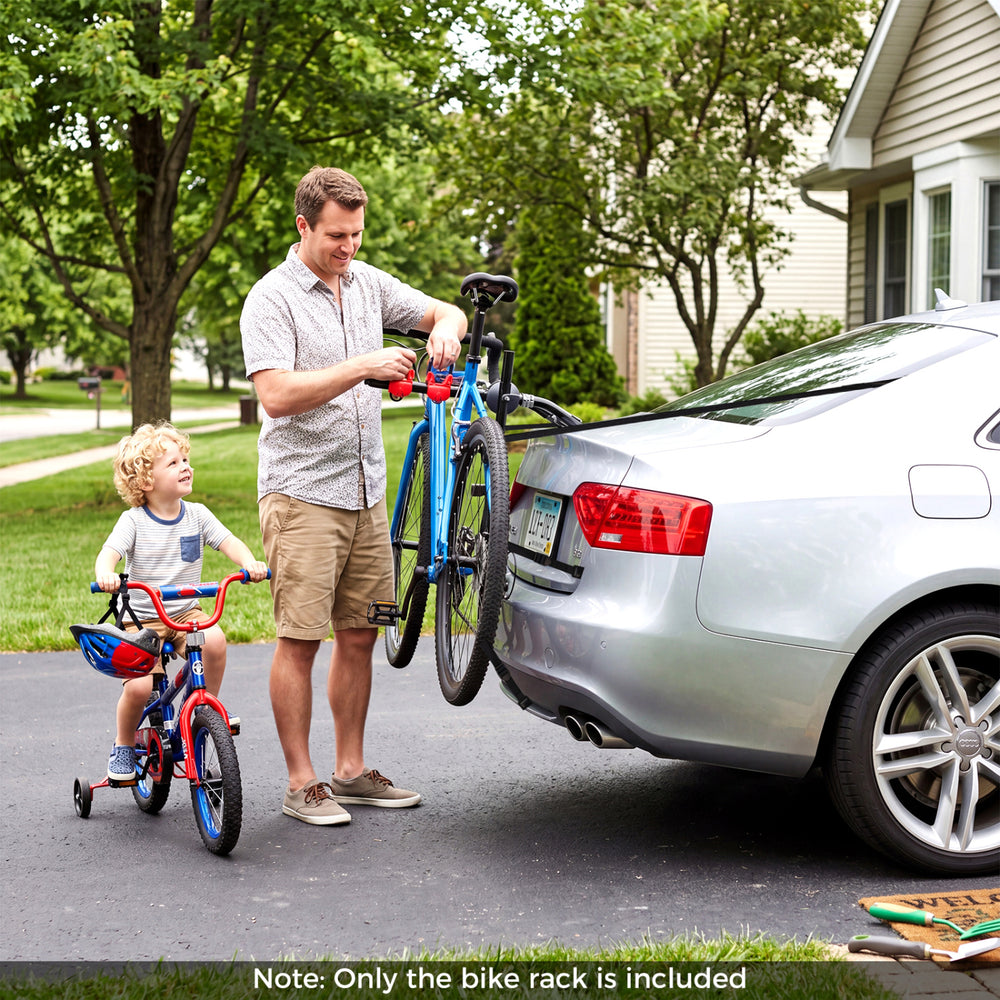Trunk mount 3-bike rack with anti-sway straps, shown being attached to a car, designed for family trips and stability.
