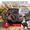 Trunk mount 3-bike rack for SUVs, made of powder-coated carbon steel, holds 2 adult bikes and 1 children's bike.