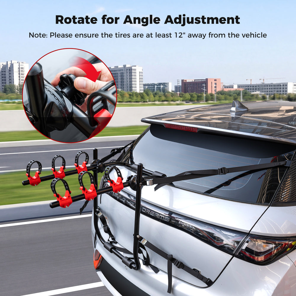 Trunk mount 3-bike rack with adjustable angle knob, designed for SUVs, ensuring tire clearance for safe transport.