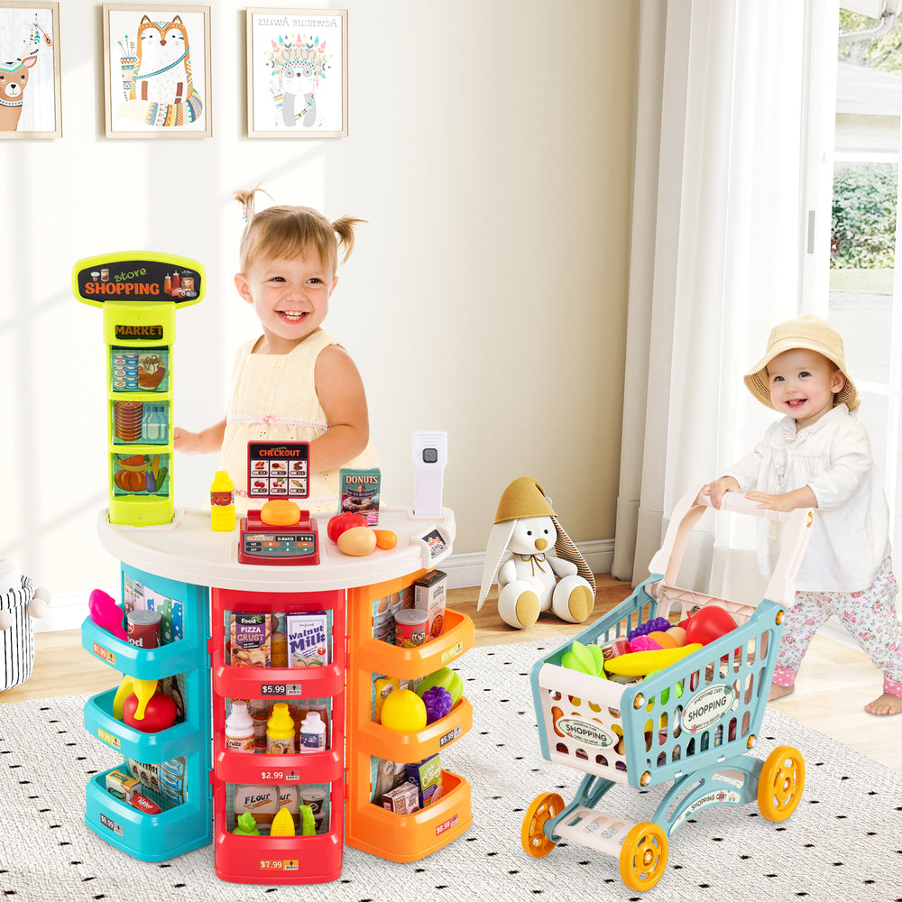 Colorful supermarket playset for kids featuring a shopping cart, scanner, and 76 accessories for imaginative play.