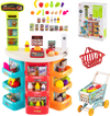 Colorful supermarket playset with 76 PCS accessories, shopping cart, and interactive scanner for kids' role-playing fun.