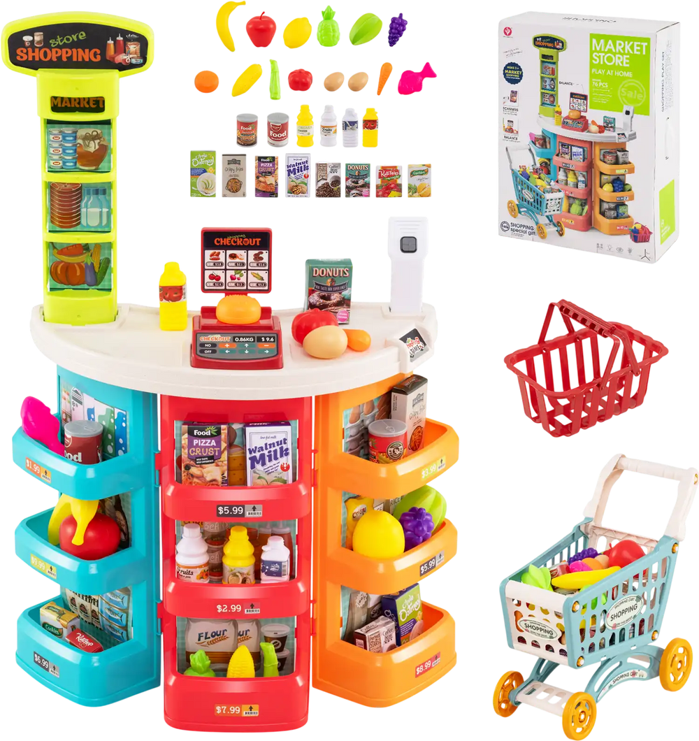 Colorful supermarket playset with 76 PCS accessories, shopping cart, and interactive scanner for kids' role-playing fun.
