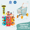 Supermarket playset for kids with shopping cart, 76 PCS, includes scanner, scale, and colorful display shelves for fun.