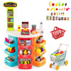 Colorful supermarket playset with 76 PCS accessories, shopping cart, and interactive scanner for kids' pretend play.