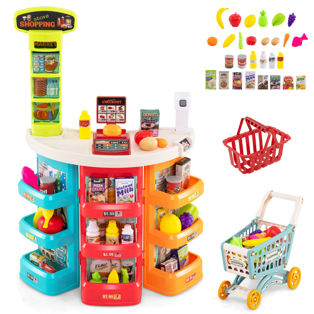 Colorful supermarket playset with 76 PCS accessories, shopping cart, and interactive scanner for kids' pretend play.