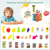 Colorful 76 PCS supermarket playset with shopping cart, scanner, and accessories for kids' pretend play and learning.