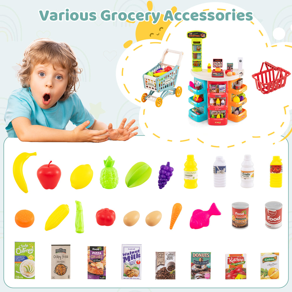 Colorful 76 PCS supermarket playset with shopping cart, scanner, and accessories for kids' pretend play and learning.