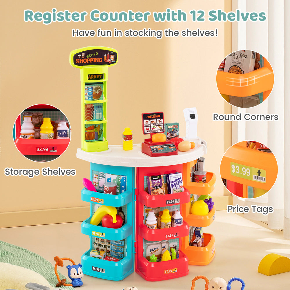 Colorful supermarket playset with 12 shelves, scanner, and shopping cart for kids' pretend play and learning fun.