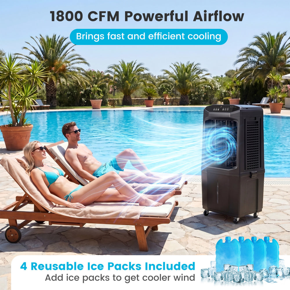 Swamp cooler with 1800 CFM airflow, 7-gallon tank, and 4 ice packs for efficient cooling by the poolside.