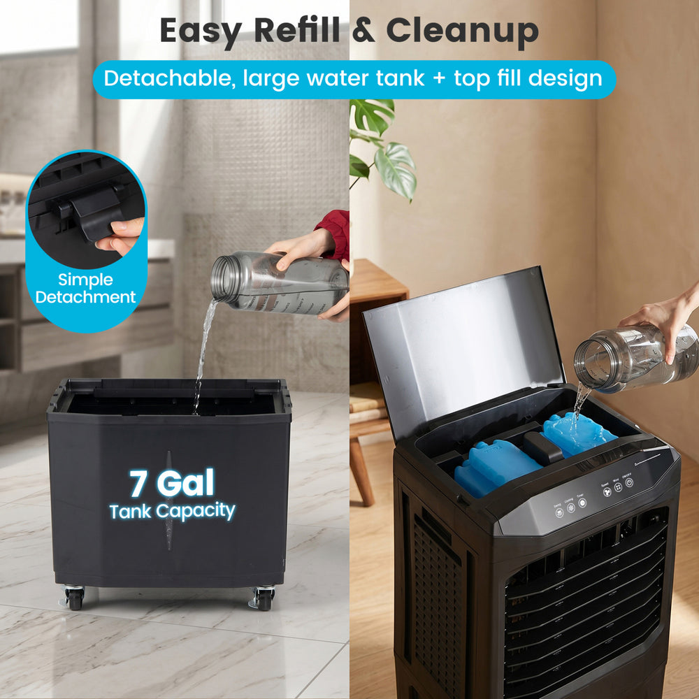 Detachable 7-gallon water tank of the Swamp Cooler for easy refill and cleanup, designed for efficient cooling.