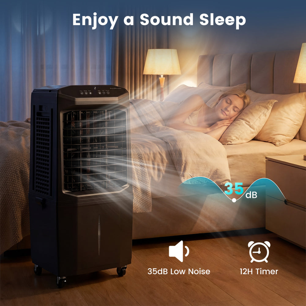Swamp cooler with 1800 CFM airflow, 7-gallon tank, and 35dB low noise for efficient cooling and sound sleep.