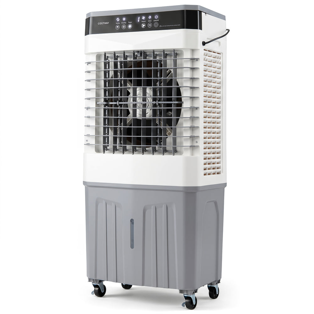 3-in-1 evaporative air cooler with 2100 CFM airflow, 7.2-gal tank, and remote control for efficient home cooling.