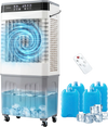 3-in-1 evaporative air cooler with 7.2-gal water tank, 2100 CFM airflow, and 4 reusable ice packs for efficient cooling.