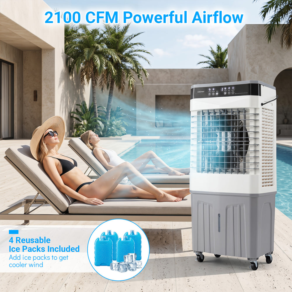 Swamp cooler with 2100 CFM airflow, 7.2-gal tank, and 4 ice packs, ideal for efficient cooling by the poolside.