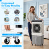 Swamp Cooler with 2100 CFM airflow, 7.2 Gal tank, and universal wheels for easy mobility in home or garage.