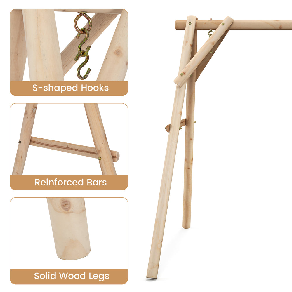 Heavy duty wooden swing frame with solid wood legs and reinforced bars, ideal for backyard and patio swings.