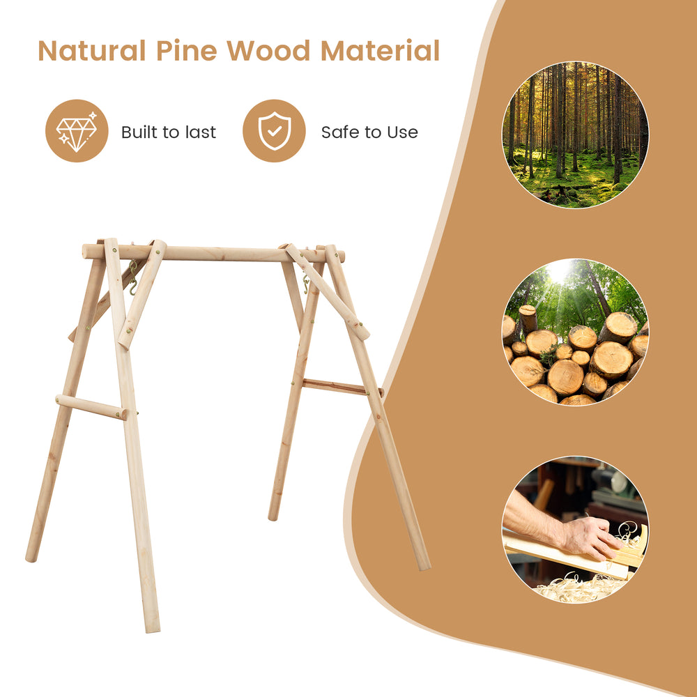 Heavy duty wooden swing frame made of natural pine wood, designed for stability and easy assembly in outdoor spaces.