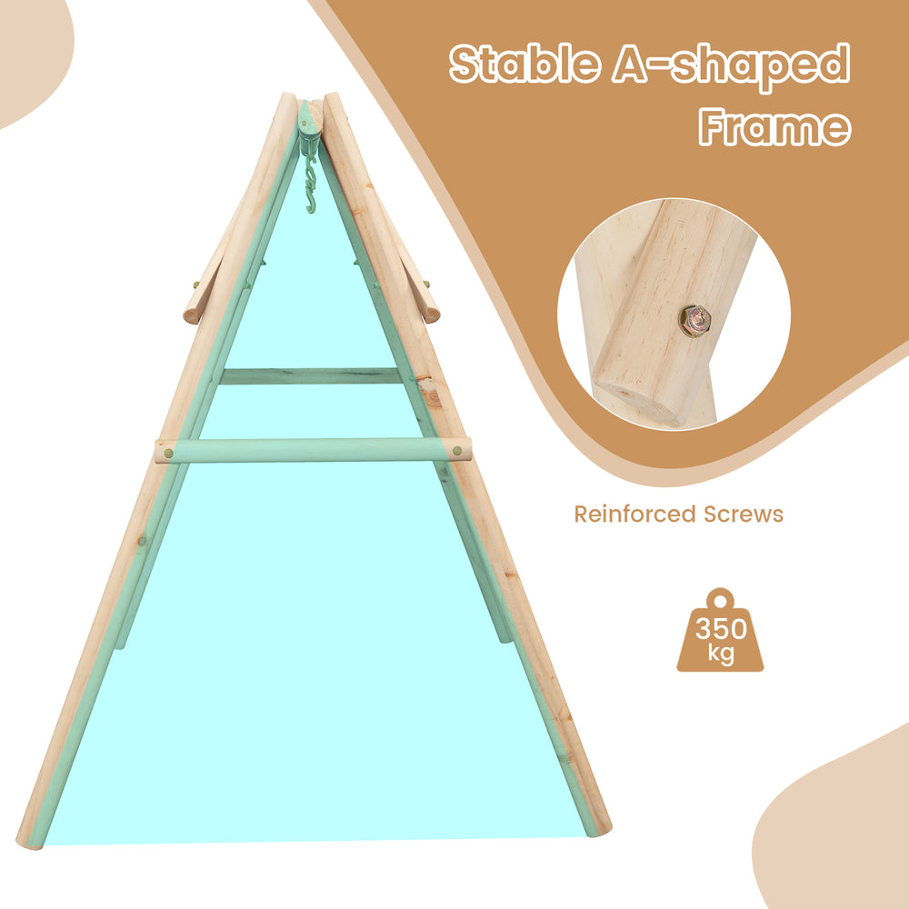 Heavy duty wooden swing frame with reinforced bars, A-shaped design for stability, supports up to 350 kg for outdoor.