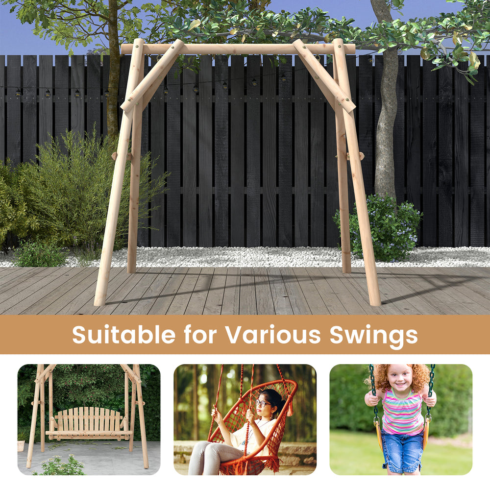 Heavy duty wooden swing frame with reinforced bars, suitable for various swings in backyard or garden settings.