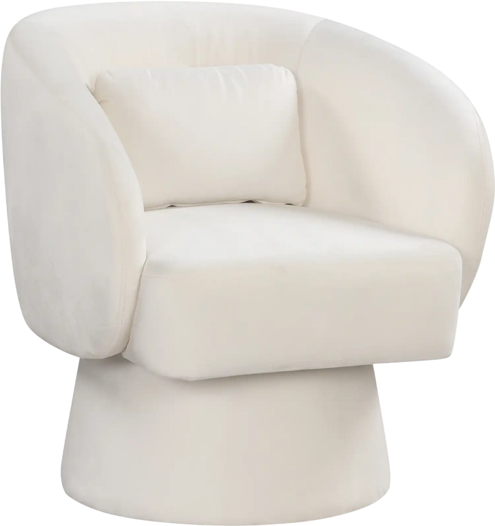Beige swivel accent chair with curved back and removable lumbar pillow, designed for ergonomic comfort and stability.