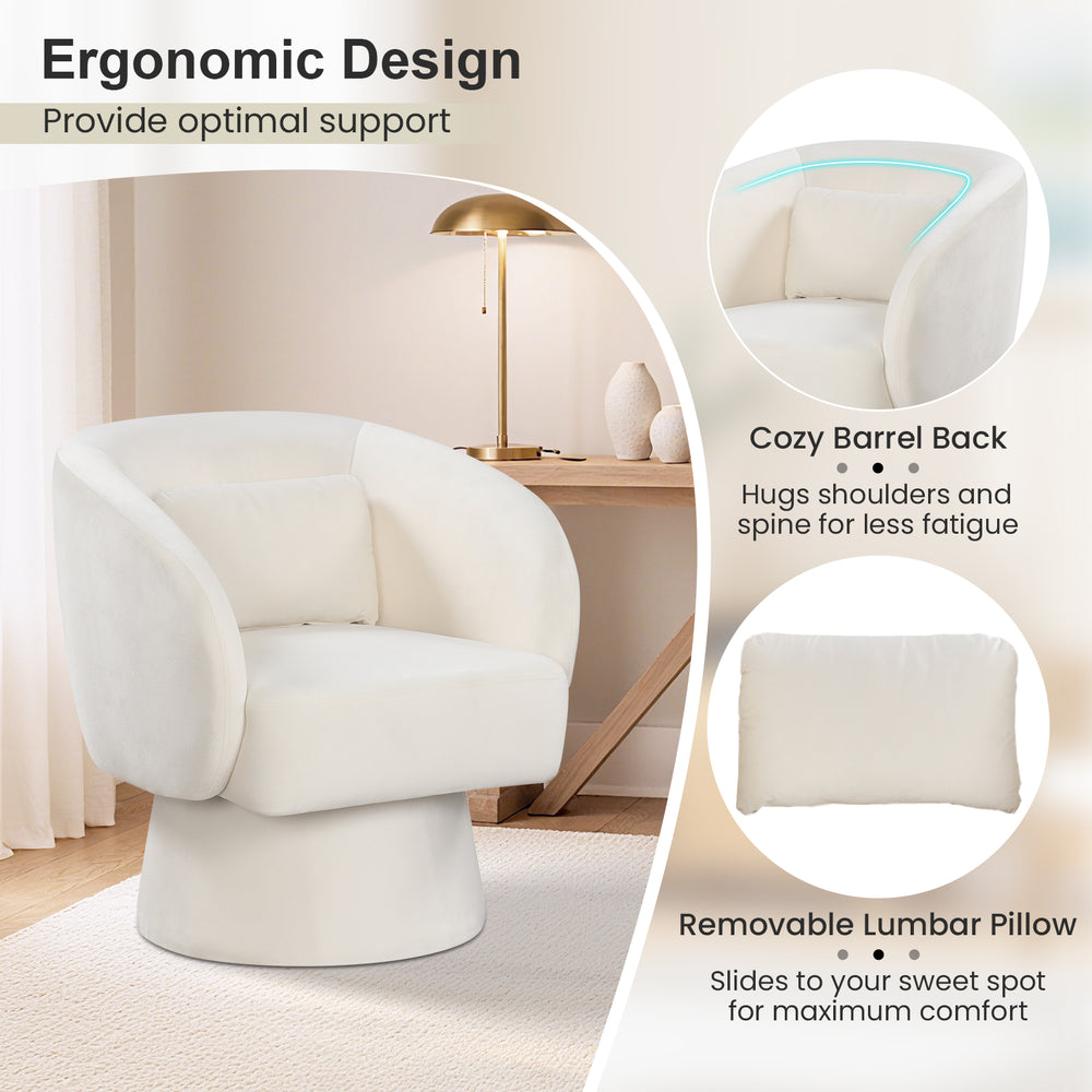 Beige swivel accent chair with curved back and removable lumbar pillow, designed for optimal ergonomic support and.