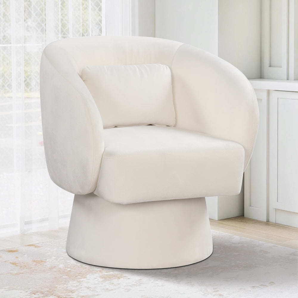 Beige swivel accent chair with curved back and removable lumbar pillow, designed for optimal comfort and support.