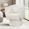 Swivel accent chair with curved back and removable lumbar pillow in beige, designed for optimal comfort and support.
