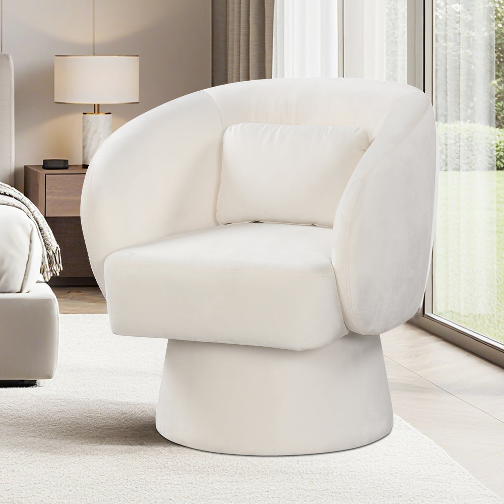 Swivel accent chair with curved back and removable lumbar pillow in beige, designed for optimal comfort and support.