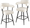 Set of 2 swivel bar stools with curved back and arms, featuring white boucle upholstery and black metal frame for.