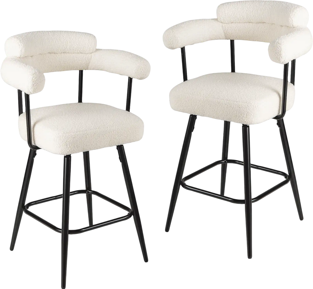 Set of 2 swivel bar stools with curved back and arms, featuring white boucle upholstery and black metal frame for.
