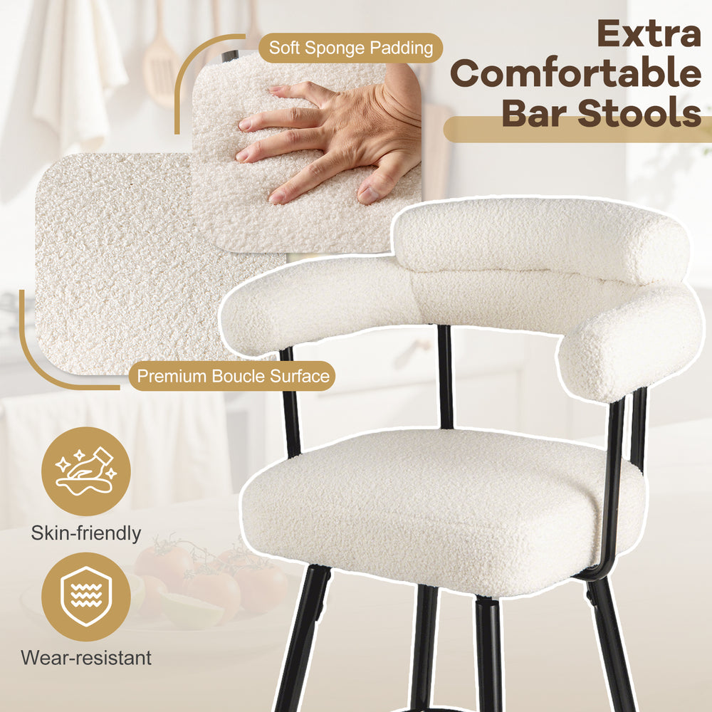 Extra comfortable swivel bar stool set with premium boucle cover, soft padding, and curved back for kitchen or bar use.
