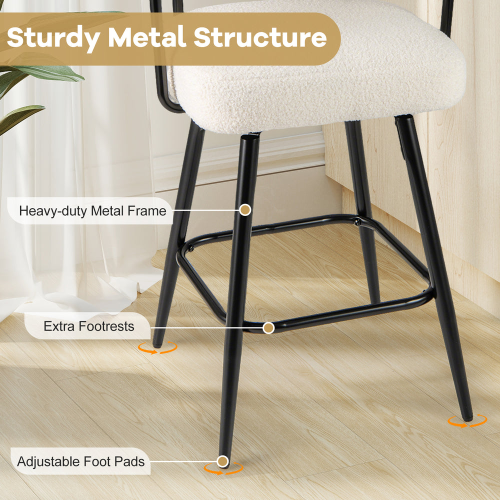 Sturdy metal frame of swivel bar stool with footrests and adjustable pads, ideal for kitchen islands and bar tables.