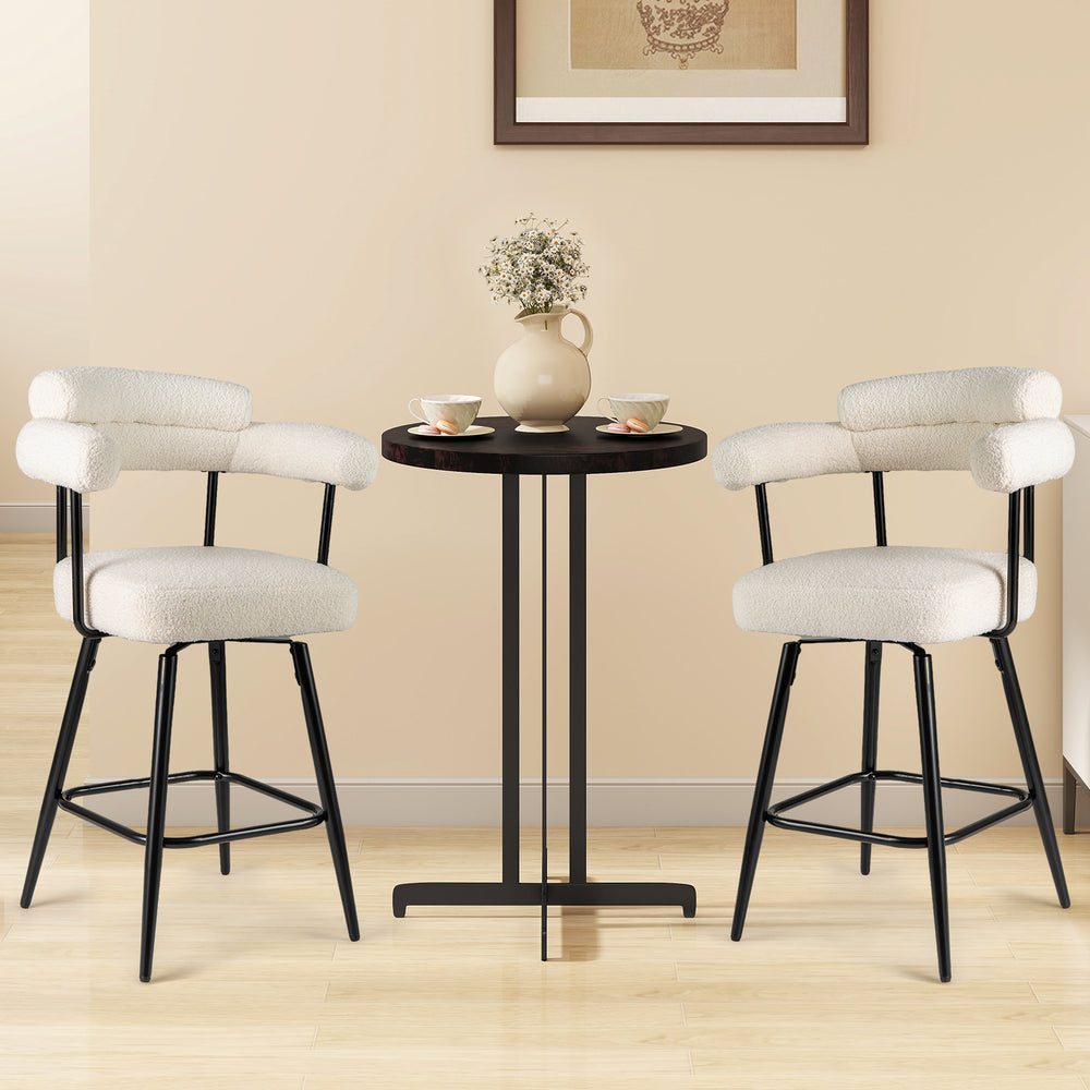 Swivel bar stool set of 2 with curved back and arms, featuring premium boucle cover for kitchen island or bar tables.
