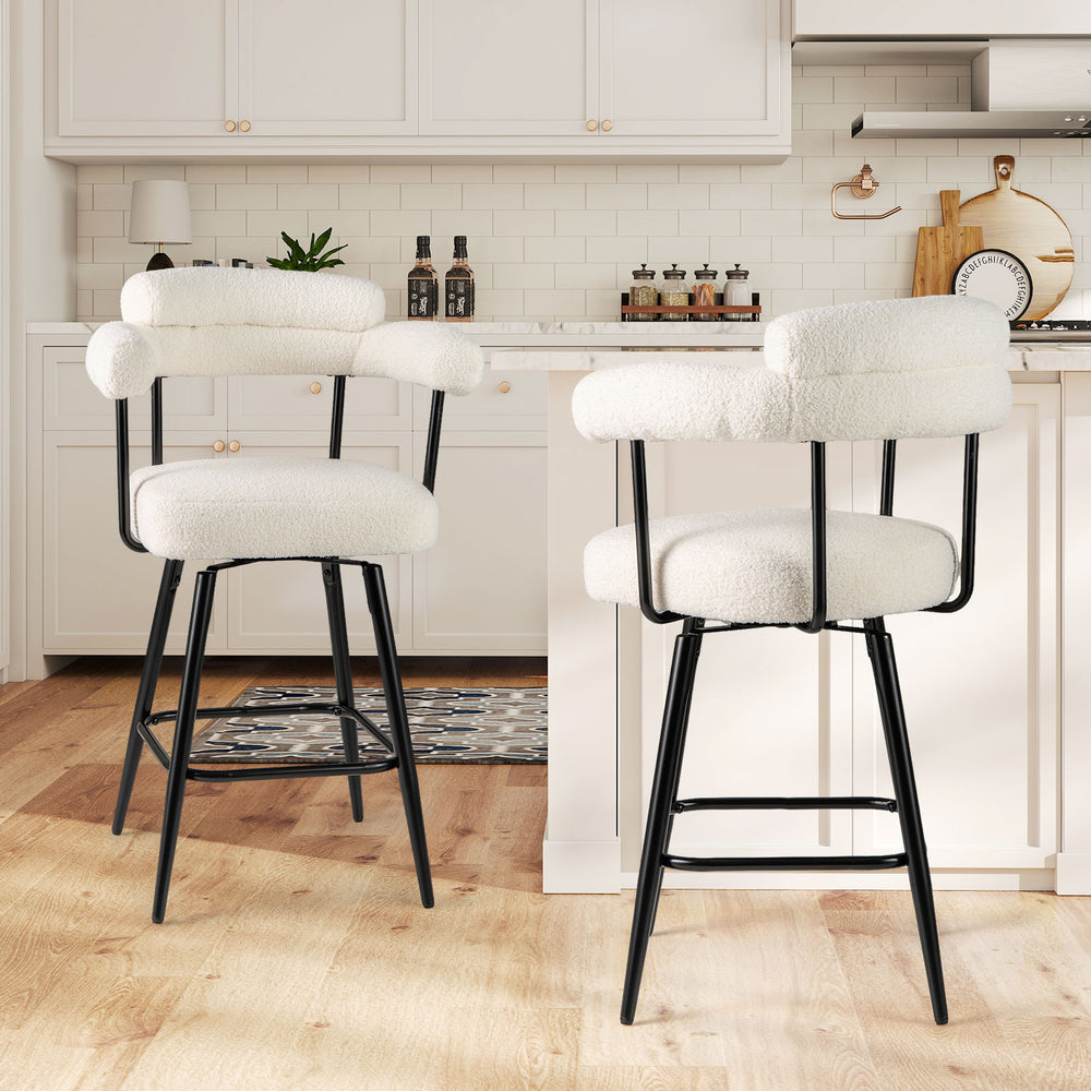 Swivel bar stool set of 2 in white boucle with curved back and arms, perfect for kitchen islands and bar tables.
