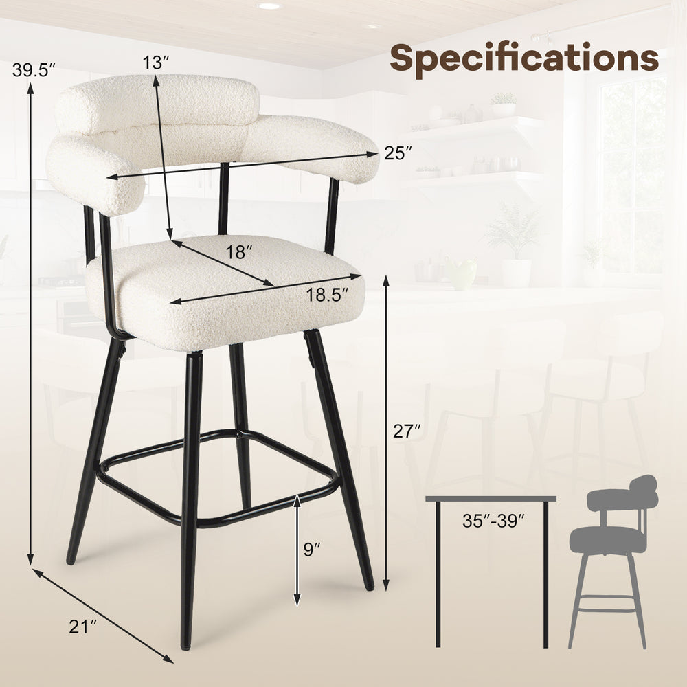 Swivel bar stool with curved back and arms, white boucle upholstery, 360° swivel, ideal for kitchen islands and bars.