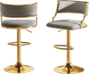 Set of 2 grey swivel bar stools with gold electroplated bases, adjustable height, and contoured backrests for comfort.