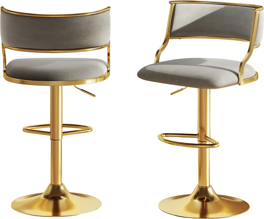 Set of 2 grey swivel bar stools with gold electroplated bases, adjustable height, and contoured backrests for comfort.